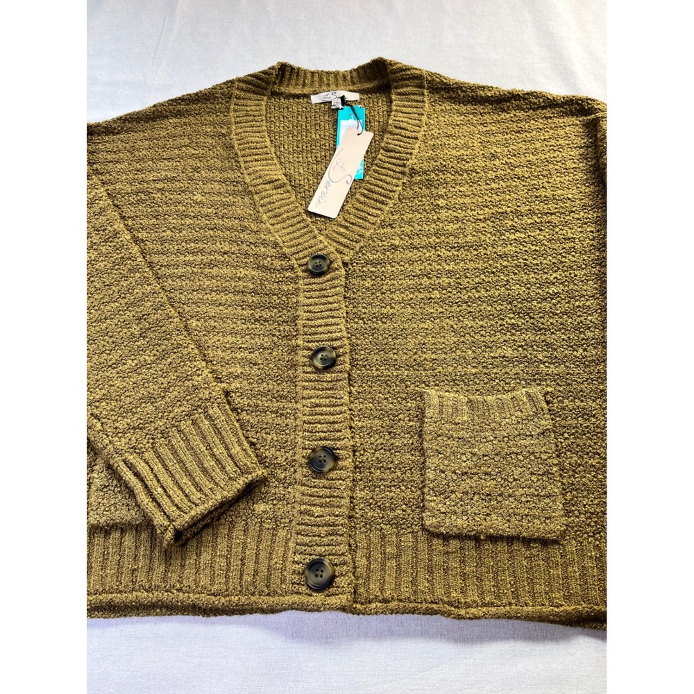 Les Serein Spiced Olive/Tan Boucle Popcorn Cardigan XXL Boxy Fall Cabincore Cozy - Picture 2 of 13